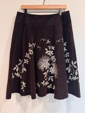 Vintage Y2K Talbots 🌱 Chocolate Brown Corduroy Floral Beaded A-Line Skirt 12